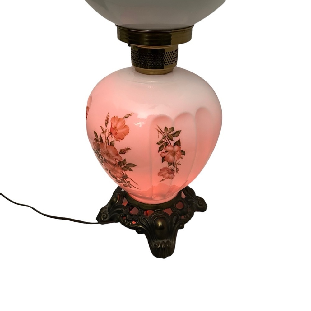 Vtg Hand Painted Floral Bulbous Ceramic Hurricane Parlor Lamp Brass Pedestal 24” - Picture 7 of 17